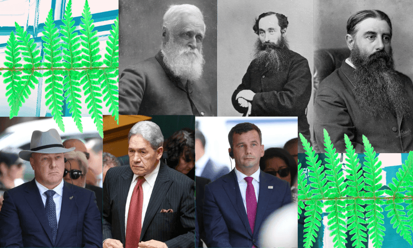 A collage of three black-and-white portraits of men with beards at the top, and three color photos of men in suits at the bottom, overlaid with green fern leaves.
