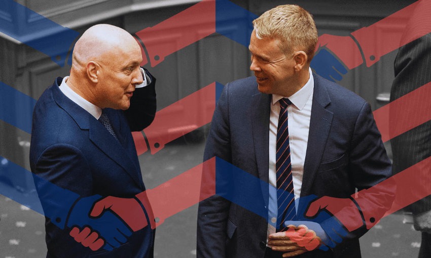 Two men in suits are smiling and conversing indoors. Overlayed on the image are red and blue graphics of hands shaking, forming a repeating pattern across the photo.