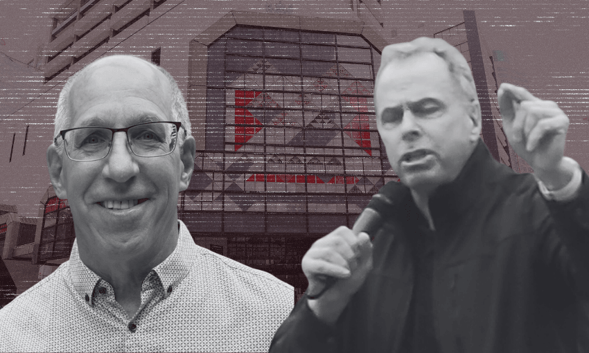 Two older men in the foreground, one smiling and wearing glasses, the other speaking into a microphone with a raised hand. A modern building with glass windows is in the background. The image has a muted, textured overlay.