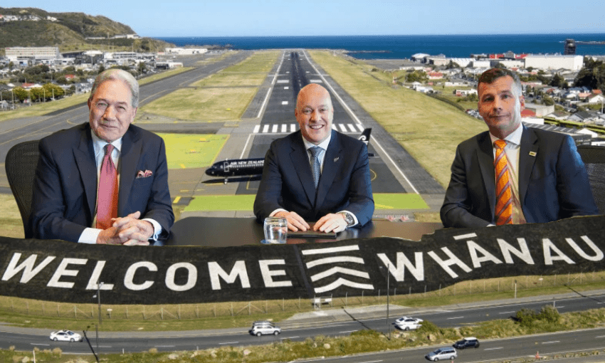 Peters, Luxon and Seymour have all upped the ante on immigration this month (Airport photo by Mark Tantrum/Wellington International Airport via Getty Images) 
