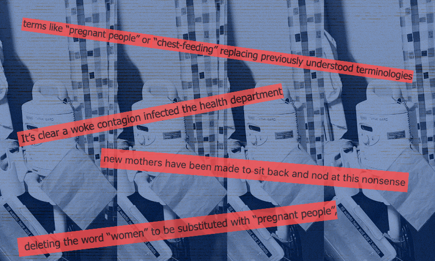 A blue-toned, repeated image of medical equipment and curtains with red highlighted quotes expressing criticism of inclusive language such as "pregnant people" and "chest-feeding" replacing traditional terms.
