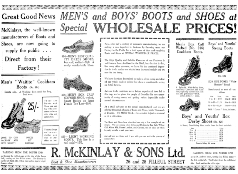 Black and white vintage newspaper ad for R. McKinlay & Sons Ltd. promoting men's and boys' boots and shoes at wholesale prices, with product illustrations, descriptions, and shop location details.