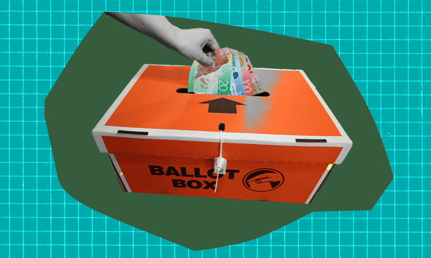 A hand inserts several colorful banknotes into an orange ballot box with a lock, set against a teal grid-patterned background.