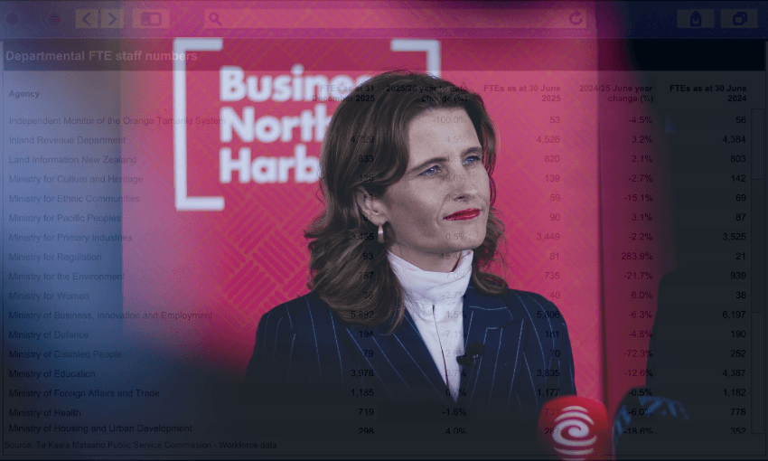 A woman in a pinstripe suit stands in front of a red backdrop with white text, partially overlaid by a transparent spreadsheet showing departmental staff numbers and a semi-transparent computer interface.