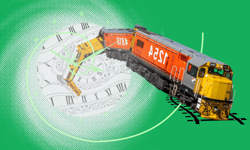 A train is derailing through a large, distorted clock face on a green background, symbolizing the concept of time running out or being disrupted.