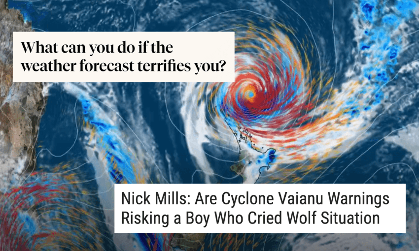 two headlines, one about severe weather warnings and another questioning them, overlaid on a weather forecast of a storm