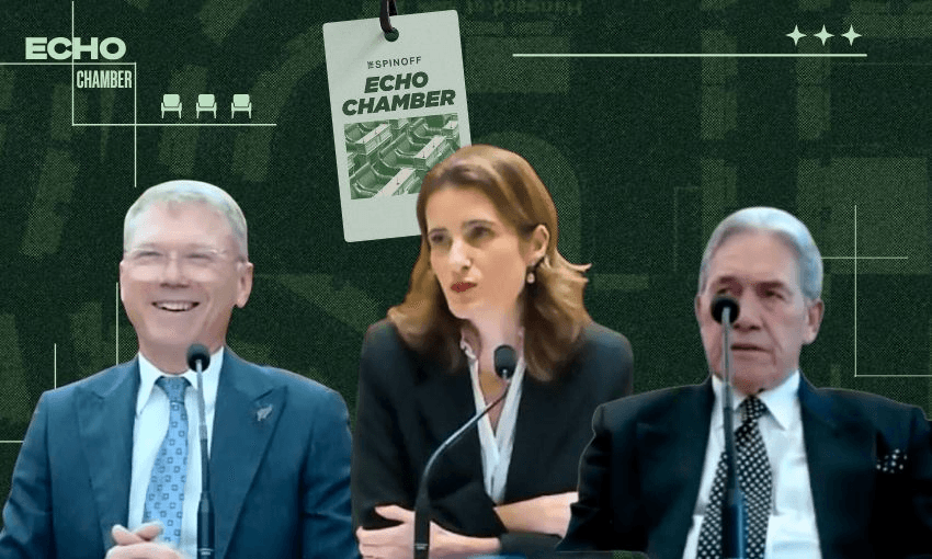 Paul Goldsmith, Nicola Willis and Winston Peters (Design: The Spinoff)