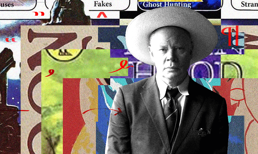 A black and white photo of musician Delaney Davidson who is a middle aged man. He is wearing a suit and wide brimmed hat. Behind him is a collage of book covers.