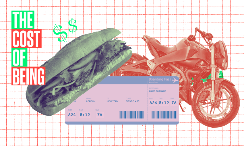 a grid template with three images: a banh mi sandwich, a plane ticket and a motorcycle