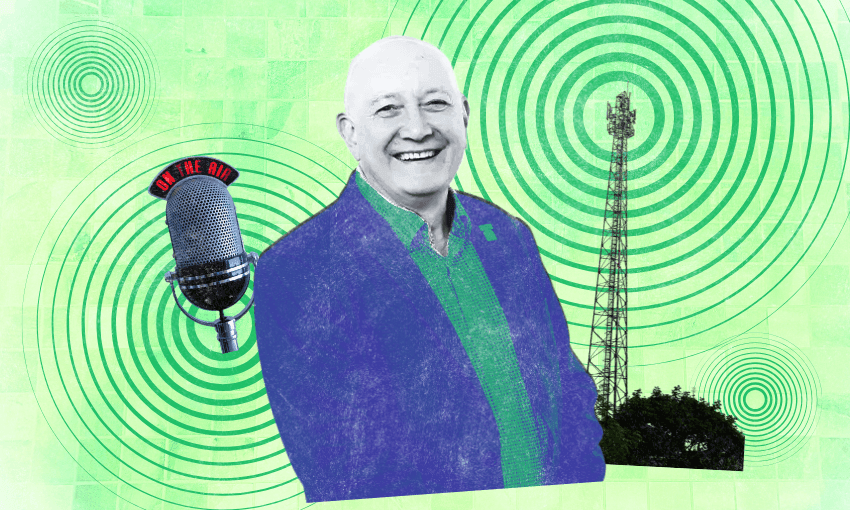 A smiling man in a blue and green suit stands in front of a radio tower and a vintage microphone with "On the air" lit up, surrounded by green concentric signal waves on a green checkered background.