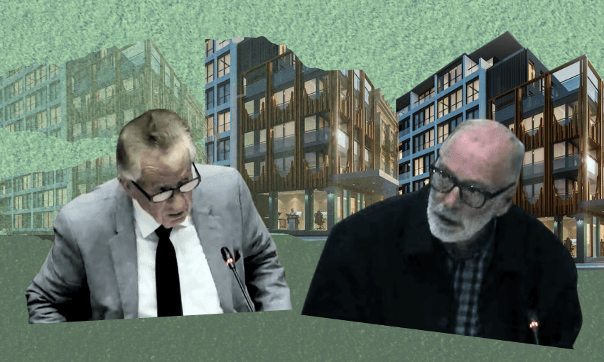 Mike Lee, left, claimed tall buildings contributed to global warming and Wayne Brown saw red. Photos: The Spinoff) 
