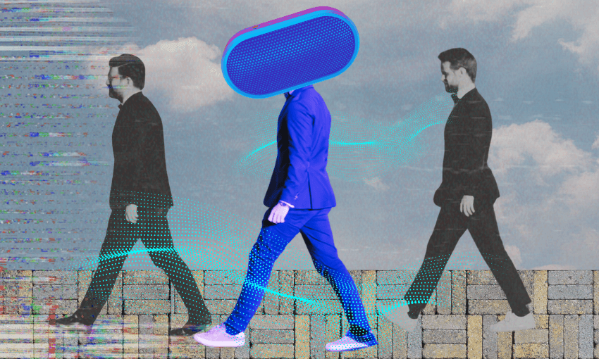 A graphic of a person walking with a bluetooh on their head