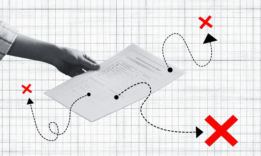 A hand holding a document over a grid background with dotted lines, arrows, and large red X marks, suggesting mistakes or errors in a process or document handling.