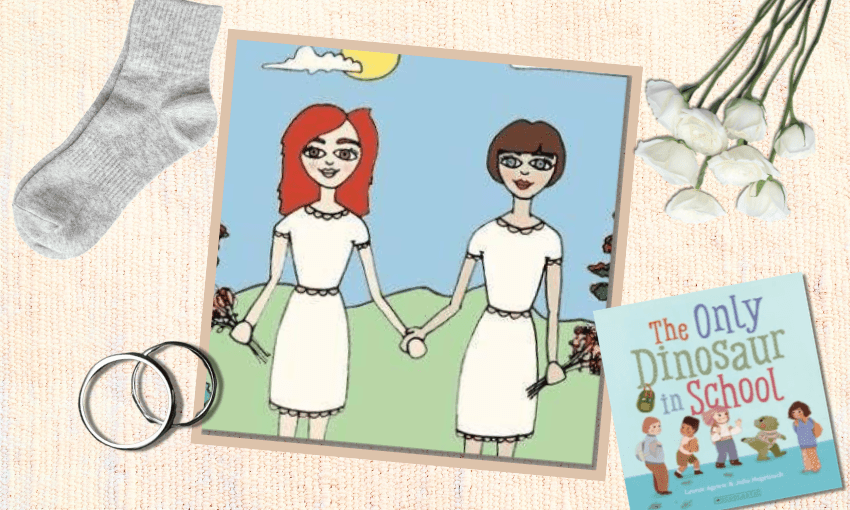 Kate Langdon and her wife’s wedding invitation, along with symbols of their ‘modern family’. (Design: The Spinoff) 
