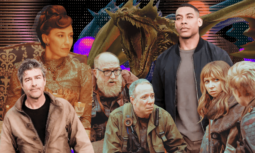 a collage of characters from upcoming HBO Max shows, including old-fashioned costumes and dragons