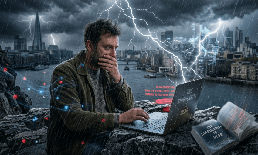 In a departure from Spinoff AI policy, this image was created in Google Gemini, with the prompt: “make me a landscape image for an article about the impact of AI on work, featuring the writer of the article, Toby, in a gathering storm, realising with mounting dread through the process that his own role might be doomed.” 
