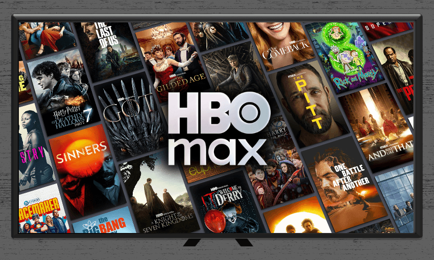 A tv screen showing a quilt of HBO Max shows like Game of Thrones, The Pitt and Euphoria
