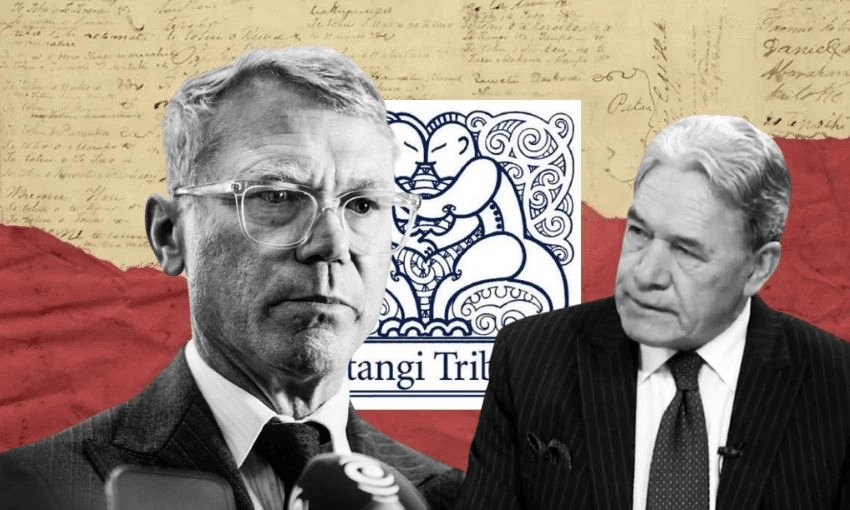 Two men in suits stand in front of a background featuring the Treaty of Waitangi text and a Waitangi Tribunal logo. The image is in black and white except for the background, which is red and tan.