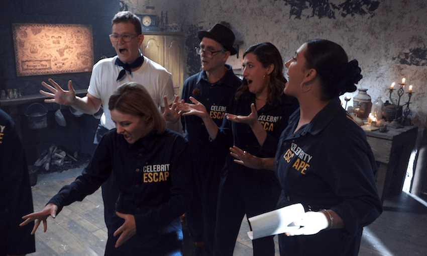 The cast of Celebrity Escape unlock a clue. Image: Supplied 
