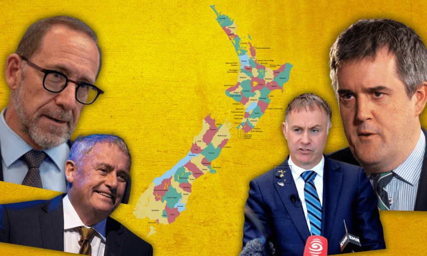 Four men in suits are arranged around a colorful map of New Zealand, set against a yellow textured background. The men appear to be politicians or public figures, and two of them are speaking at microphones.
