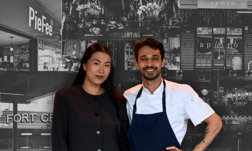 a woman with long dark hair and wearing a black top, and a man wearing a chef's uniform smile in front of a collage of restaurant fronts
