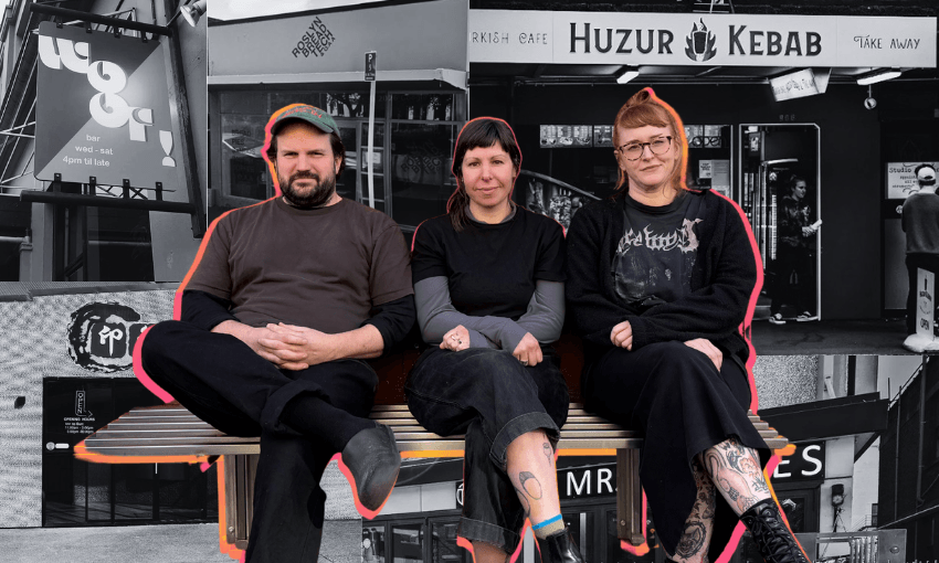 a man and two women sit on a wooden bench overlaid on a black and white collage of various restaurant shopfronts