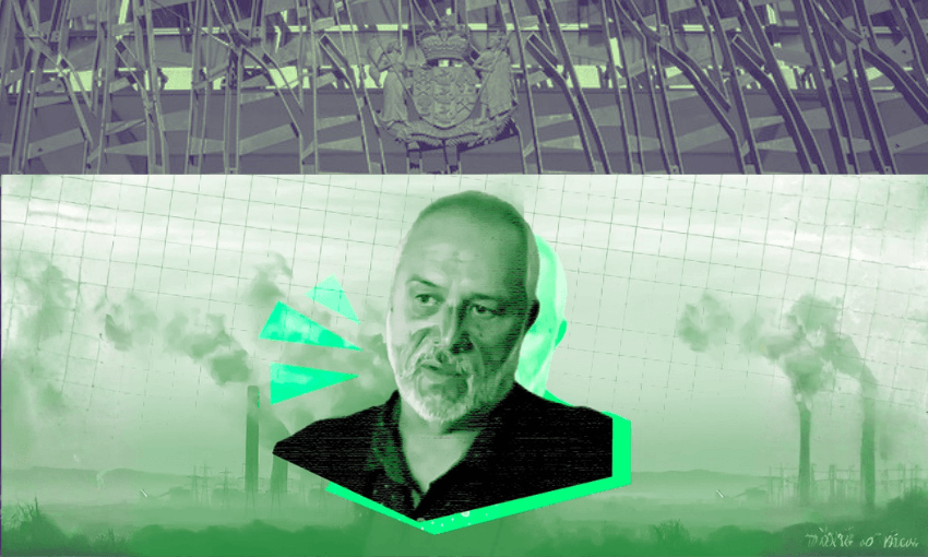 A digital collage shows a serious-looking man in grayscale surrounded by green tones, with industrial smokestacks emitting smoke in the background and a geometric pattern overlay. At the top, there is an ornate crest and abstract structures.