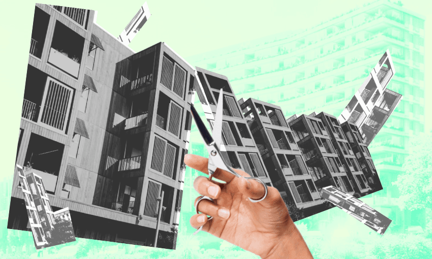 A hand holding scissors appears to cut through a row of modern apartment buildings, causing parts of the structures to tilt and shift. The background is a faded image of more apartment buildings.