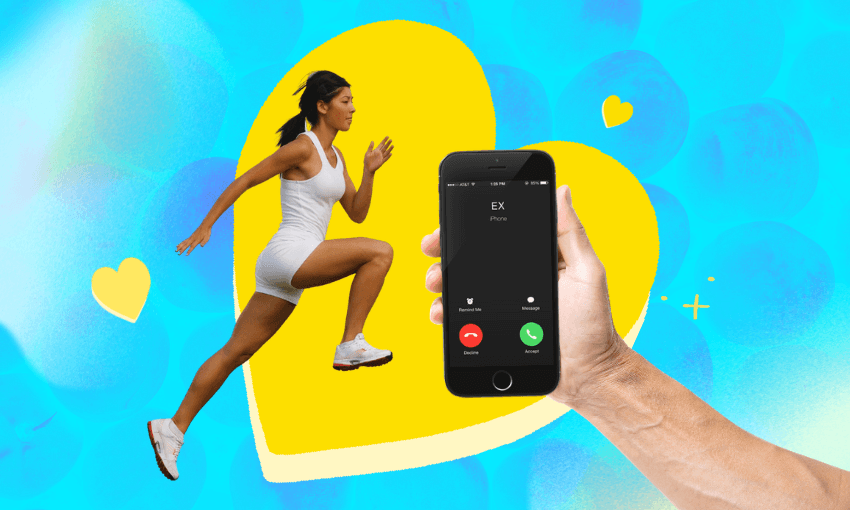 a blue and yellow template background with an image of a woman running and a hand holding an iphone that's receiving a call from an "ex"