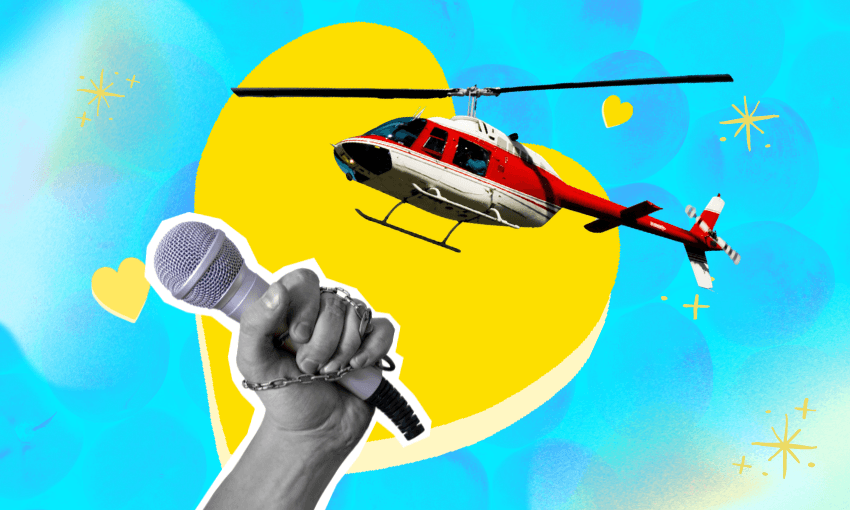 blue dating files background with a yellow heart, overlaid is a hand holding a microphone and a helicopter