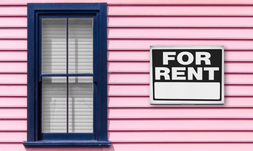 a pink weatherboard home with a dark blue window and a sign saying FOR RENT