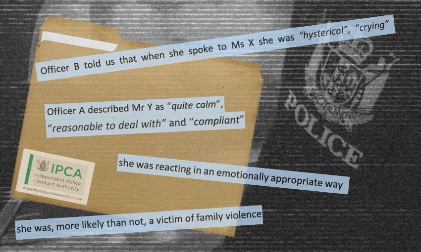 A file folder labeled "IPCA Independent Police Conduct Authority" lies on a dark surface with a police shield in the background. Overlaid are highlighted quotes about police descriptions of individuals' behavior and emotional responses.