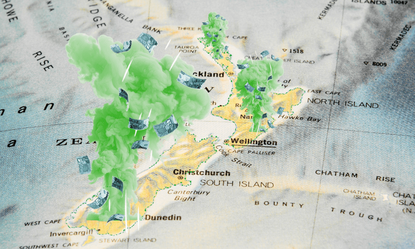 A map of New Zealand with green smoke clouds rising from several locations, each containing floating New Zealand dollar bills. Major cities like Auckland, Wellington, Christchurch, and Dunedin are visible.
