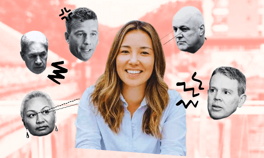 A smiling woman sits in the center, surrounded by black-and-white cutout faces of four serious-looking people with illustrated lines and symbols suggesting they are reacting to or focusing on her. The background is a blurred pink cityscape.