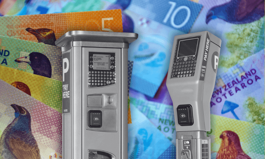 two grey parking machines overlaid on a pile of new zealand bank notes