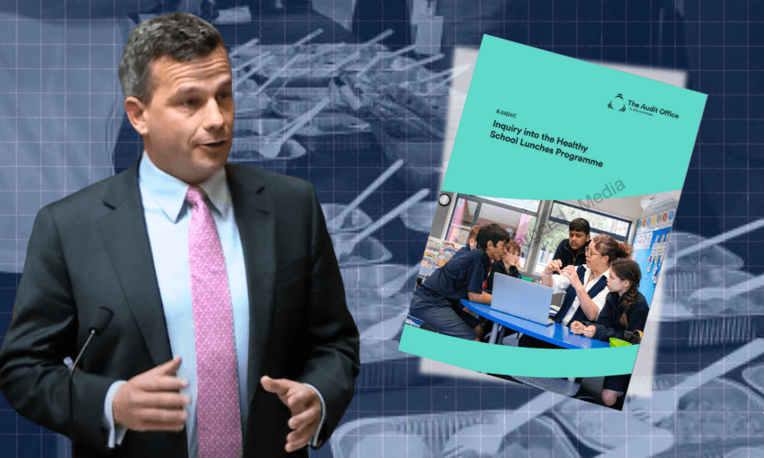 A man in a suit and pink tie speaks, while a report titled "Inquiry into the Healthy School Lunches Programme" featuring students and a teacher is shown on a blue grid background.