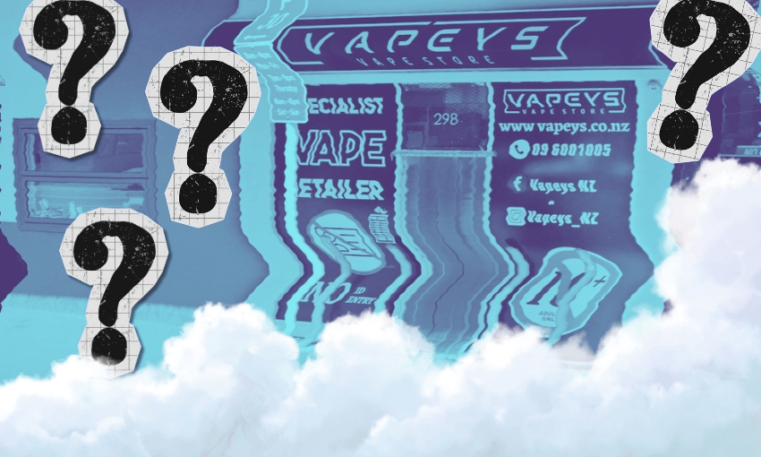 A vape shop amidst question marks and a cloud of vapour