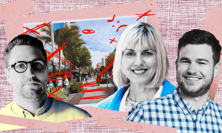 Three people stand in front of a city street scene with palm trees, overlaid by red scribbles and crossed lines on a textured pink background.