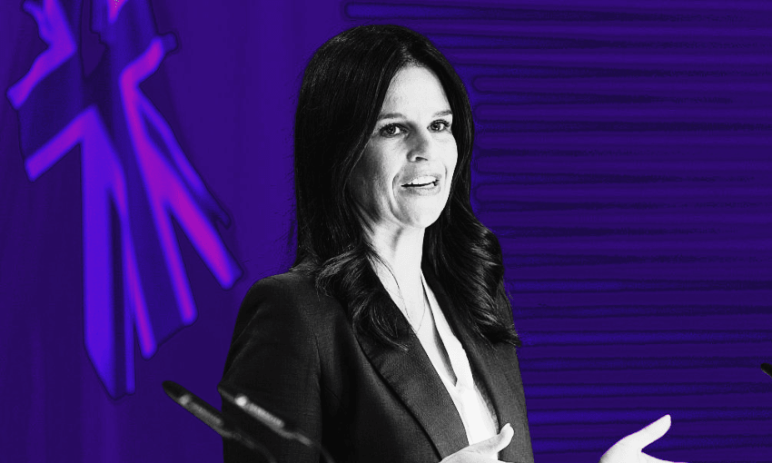 Immigration minister Erica Stanford (Photo: Mark Mitchell/Getty, Design: The Spinoff) 
