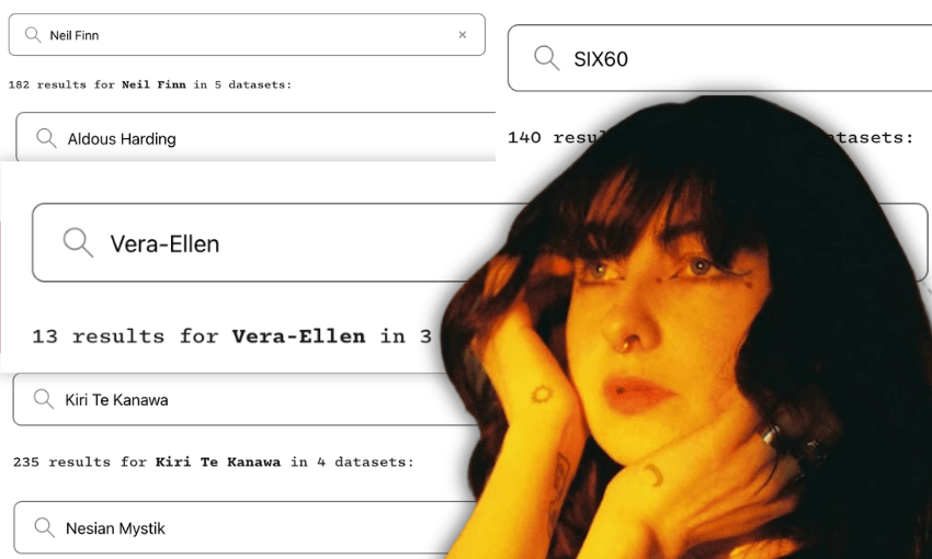 a portrait of a woman with long brown hair and bangs overlaid on a collage of screenshots of NZ artists appearing in AI dataset results