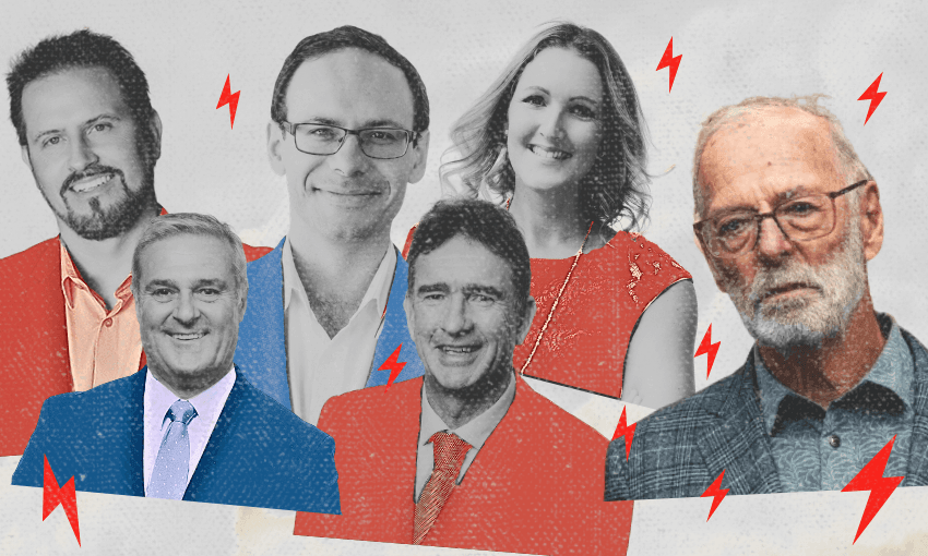 A collage of six adults, five smiling and one serious, with red and blue highlights. Red lightning bolt graphics are scattered among them on a textured gray background.