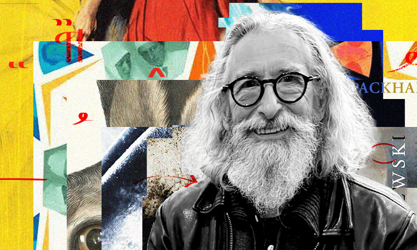 A black and white photo of David Cameron, who has long white hair and beard and is wearing glasses. Behind him is a collage of book covers.
