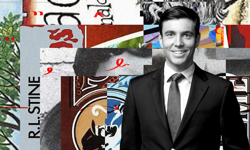 A black and white photo of TV presenter Jack Tame. Behind him is a collage of book covers.
