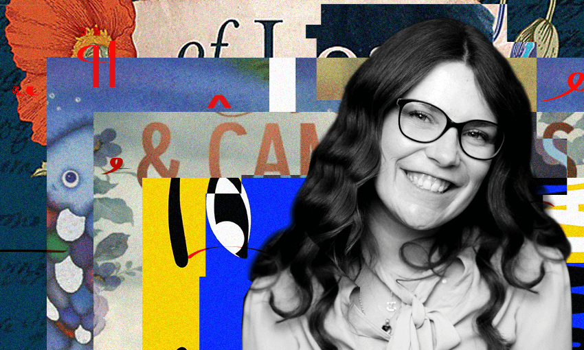 A black and white photo of the writer Sophie Rogers who is a woman with long hair and glasses. She is smiling. Behind her is a collage of book covers.