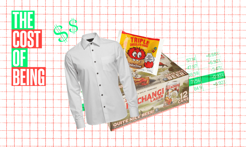 A white shirt, snacks, and a 12-pack of beer are displayed on a chart with green numbers. Text on the left reads "THE COST OF BEING" in bold red and green letters with two green dollar signs above.