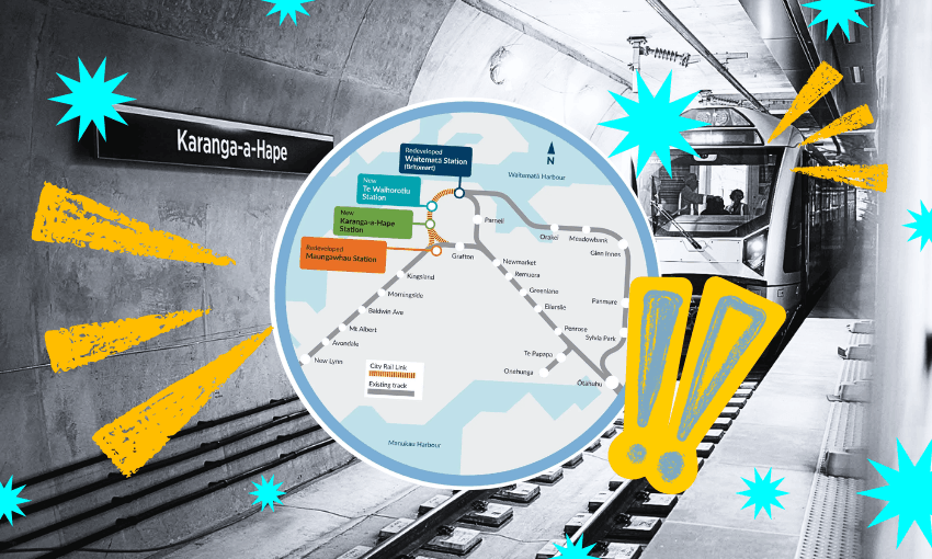 A black-and-white photo of an underground train station with a map of a metro system overlaid, surrounded by bright blue starbursts and a yellow exclamation mark. The station sign reads "Karanga-a-Hape.