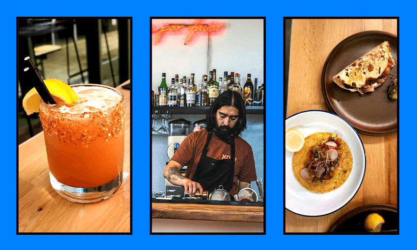 A margarita with a lemon slice, a bartender mixing drinks in front of shelves of bottles, and two plates with Mexican dishes, all on a bright blue background.