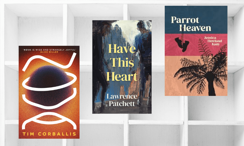Three novels ascending with background of white empty bookshelves.