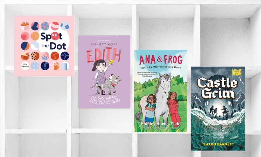 Four book covers descending with a background of white empty bookshelves.