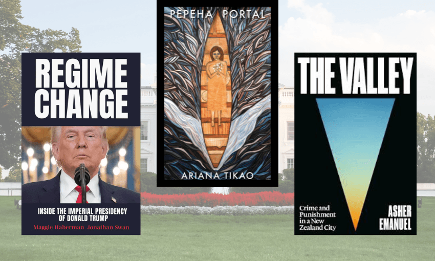 Three book covers arranged with a photo of the white house behind them.
